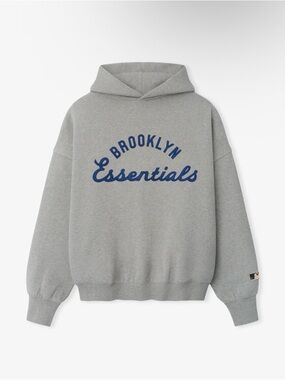 Fear of God x Essentials Grey Hoodie with Navy 'Brooklyn Essentials' Script